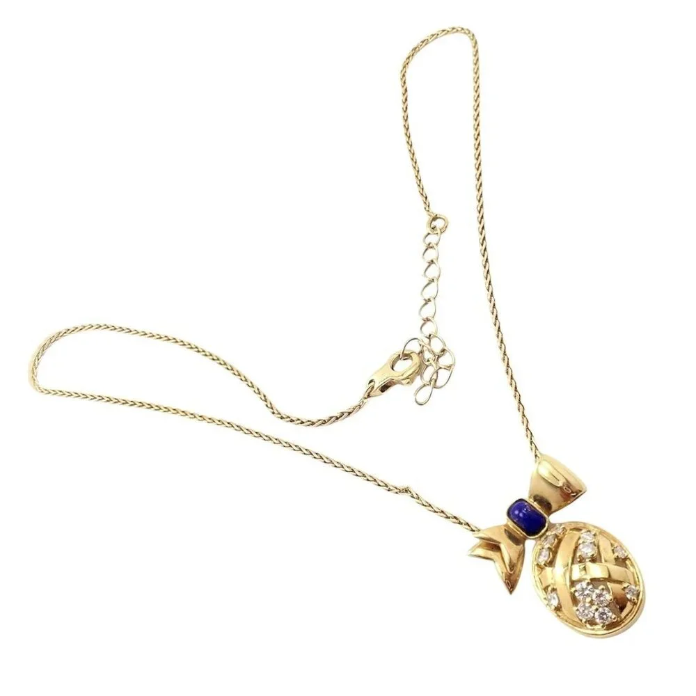 Authentic! Christian Dior 18k Yellow Gold Lapis Diamond Egg Pendant Necklace​ - Picture 2 of 10